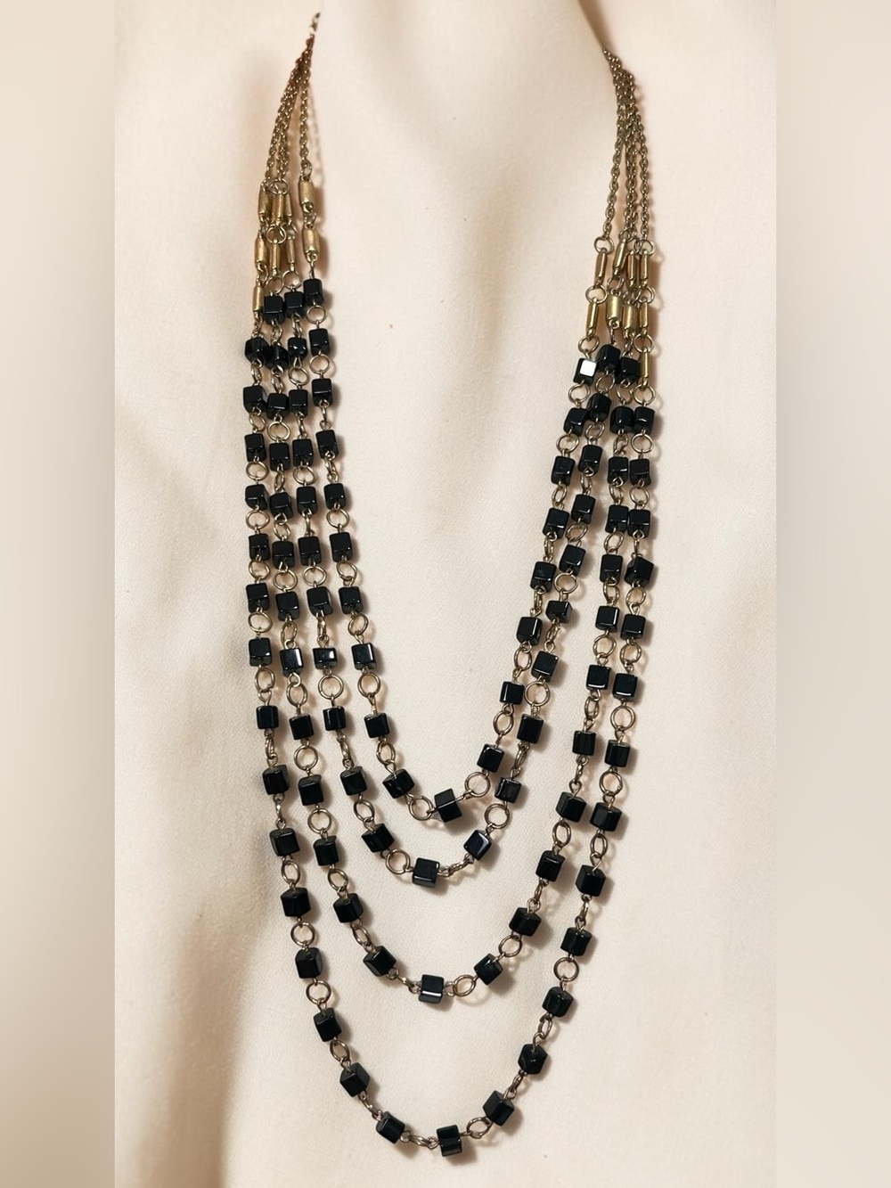 💝 2/20$ Multi-Strand Geometric Cascading Necklace, black & brass, Mid-Century